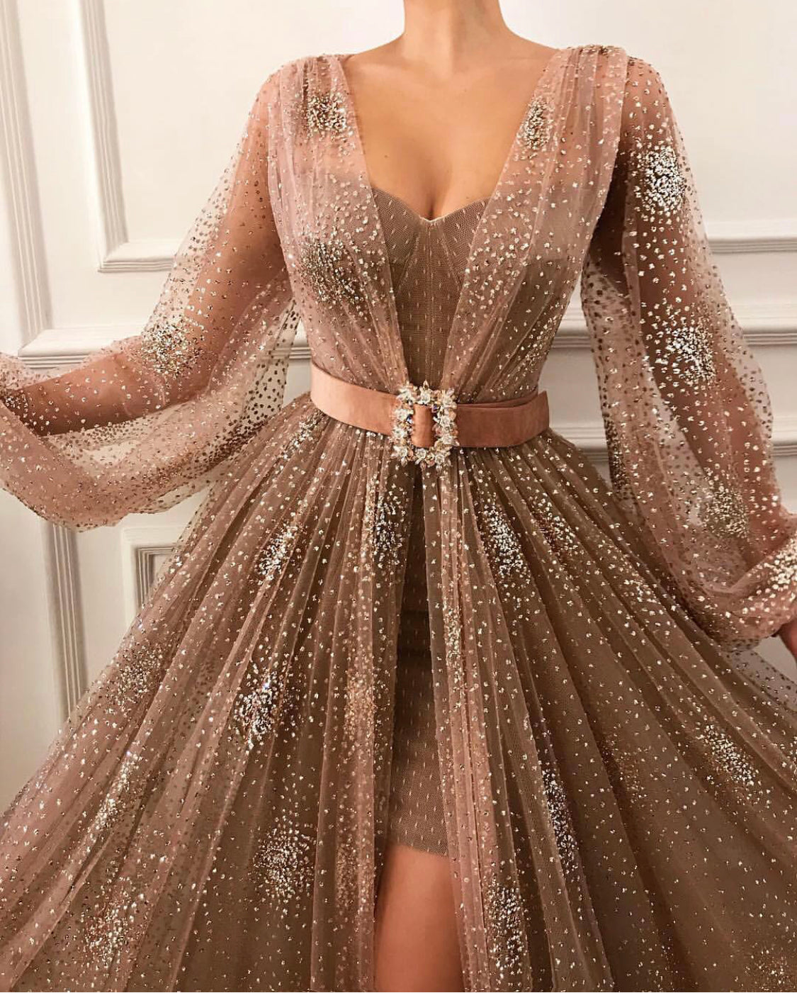 Brown A-Line dress with long sleeves and belt