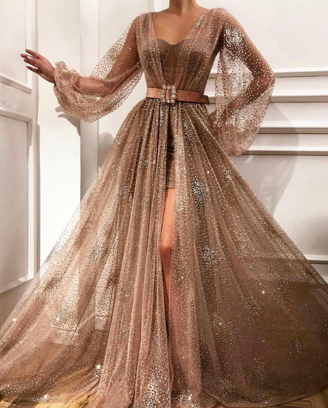 Brown A-Line dress with long sleeves and belt
