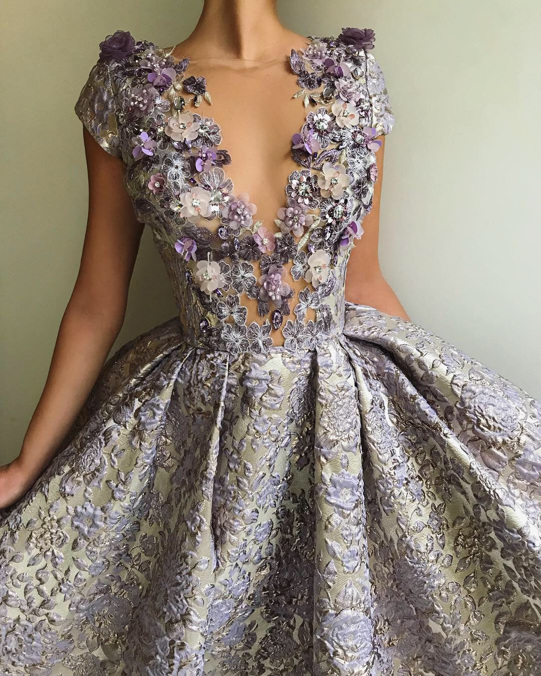 Grey A-Line dress with no sleeves, v-neck and embroidery