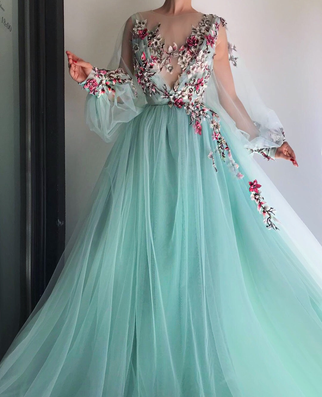 Blue A-Line dress with long sleeves and embroidery