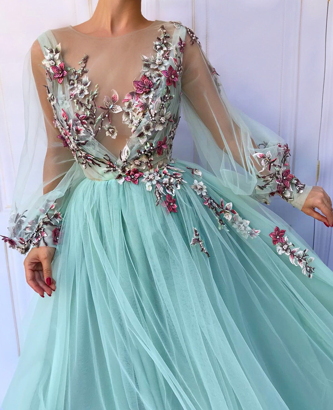 Blue A-Line dress with long sleeves and embroidery
