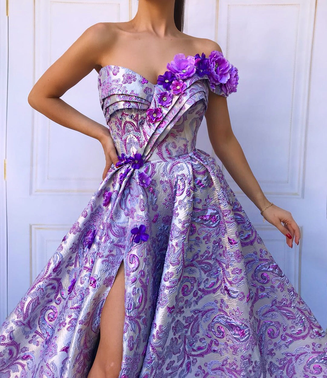 Purple A-Line dress with one off the shoulder sleeve and embroidery