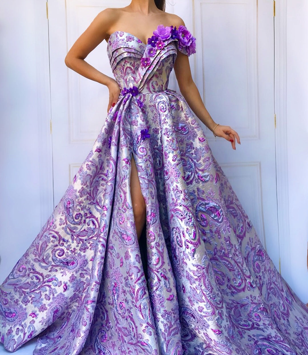 Purple A-Line dress with one off the shoulder sleeve and embroidery