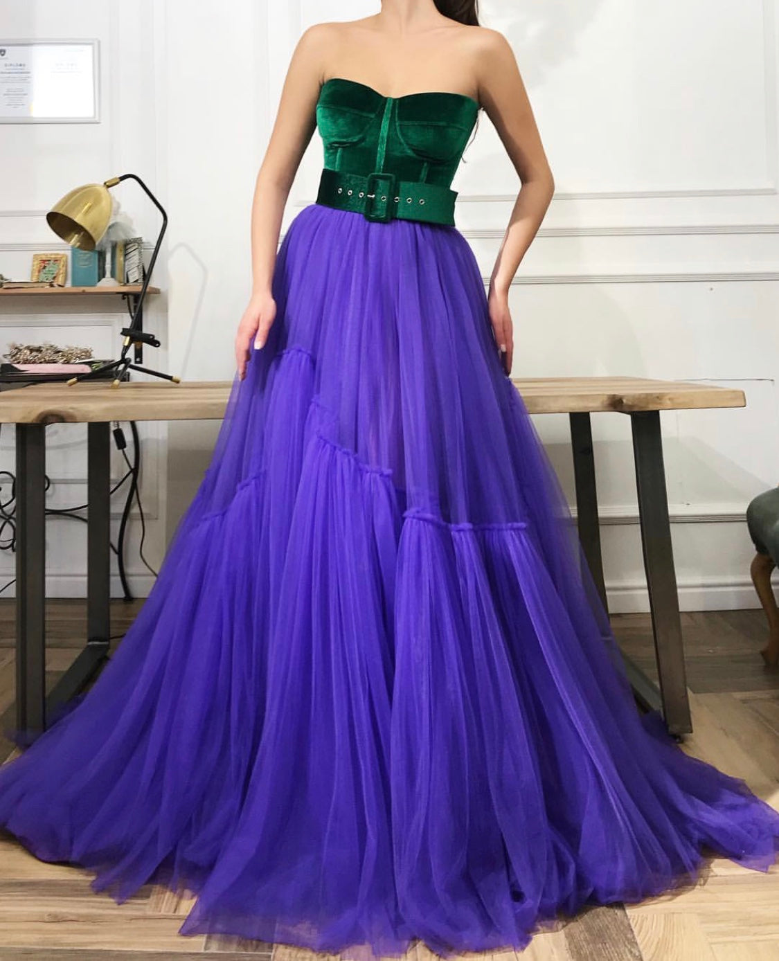 Green and purple A-Line dress with no sleeves and belt