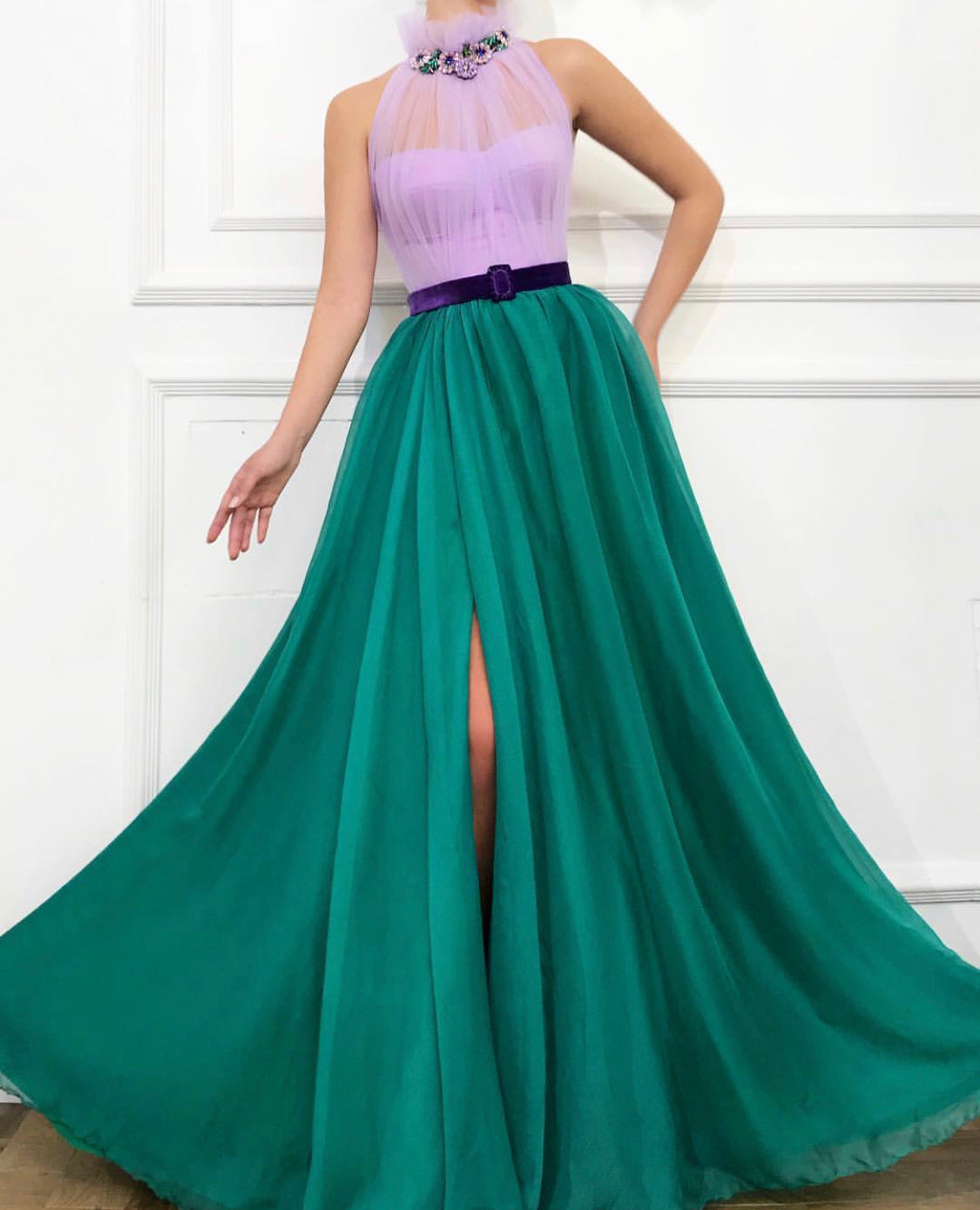 Purple and green A-Line dress with belt, embroidery and no sleeves