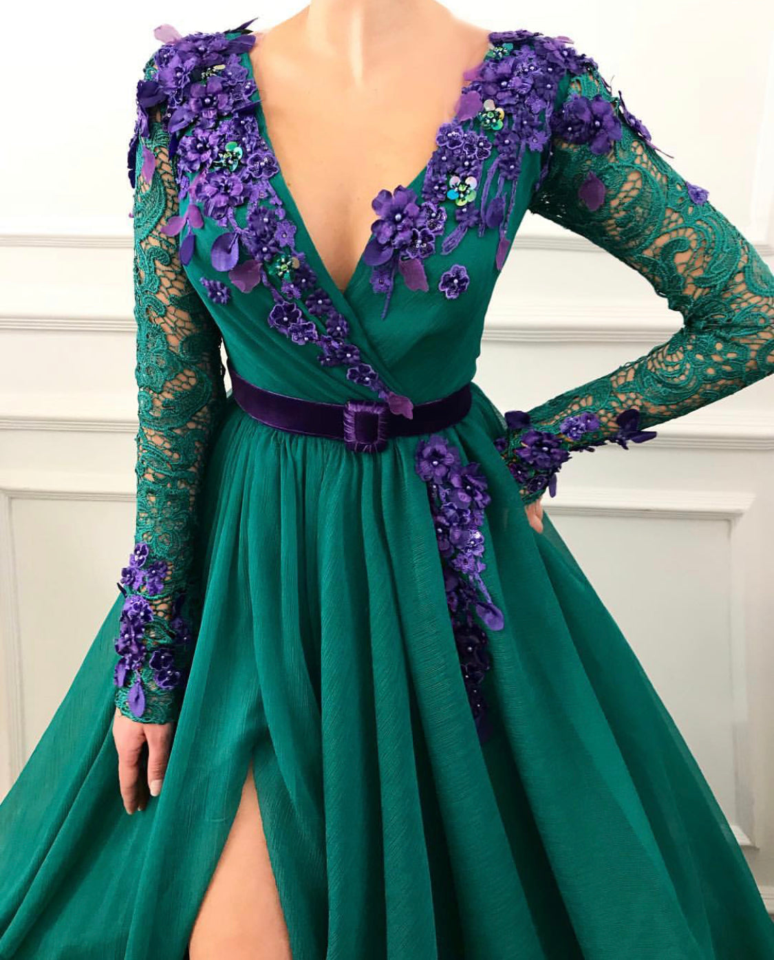 Green A-Line dress with long sleeves, v-neck, belt and embroidery