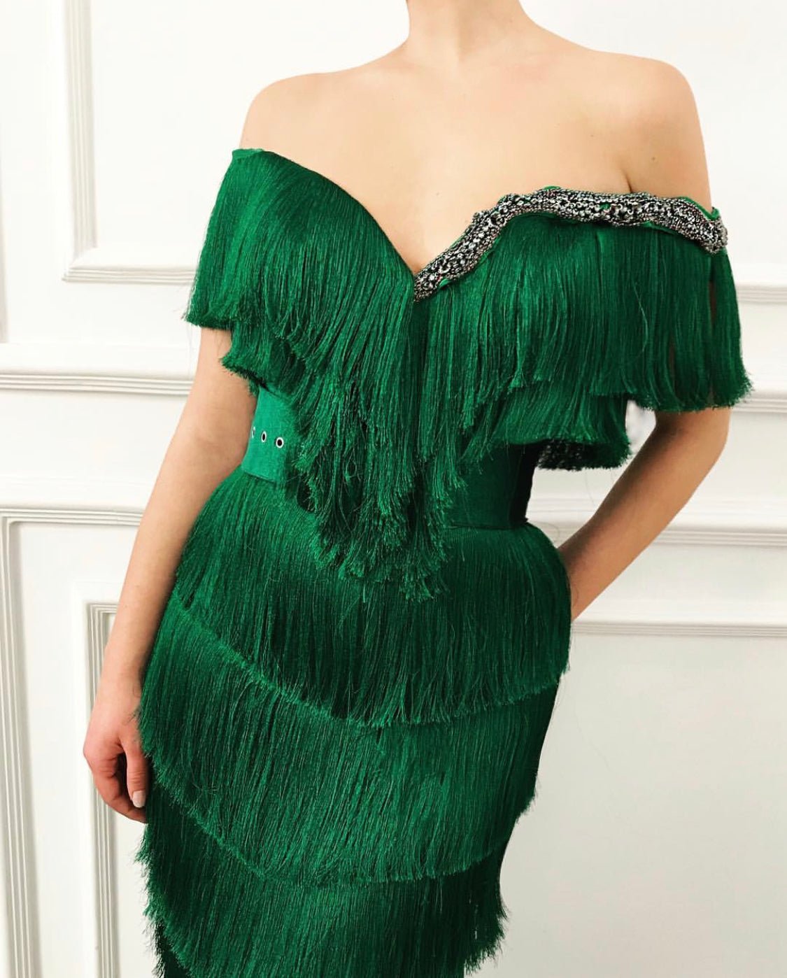 Green fringe mermaid dress with embroidery, off the shoulder sleeves and belt