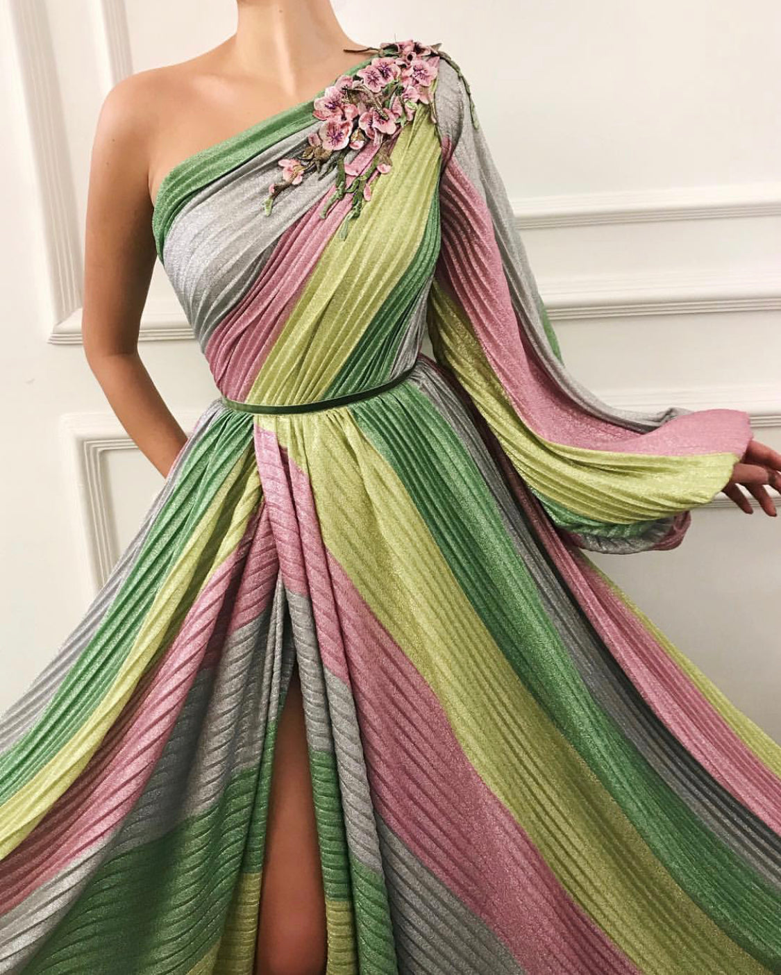 Colorful A-Line dress with one shoulder sleeve and embroidery