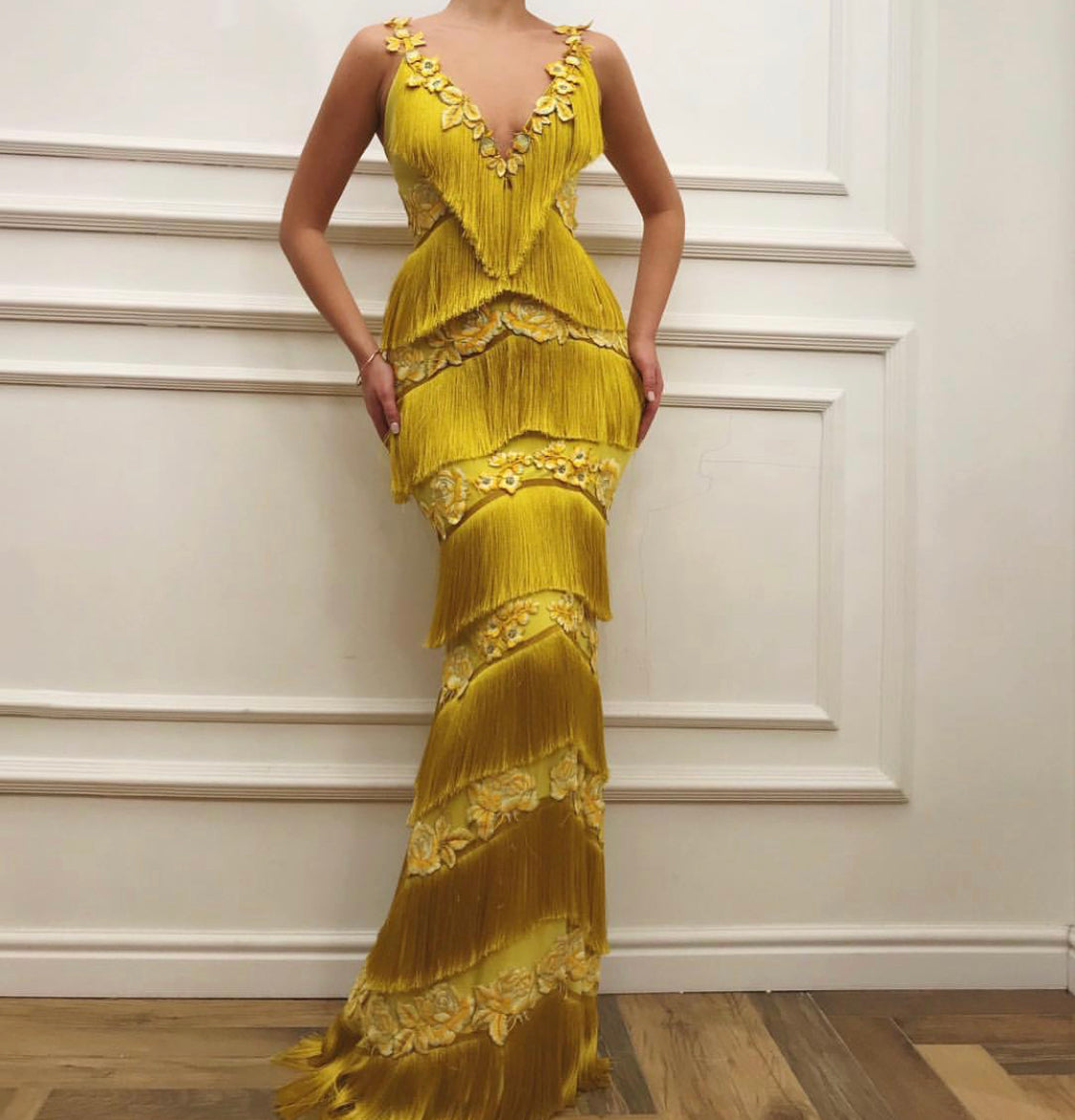 Yellow fringe mermaid dress with straps, v-neck and embroidery