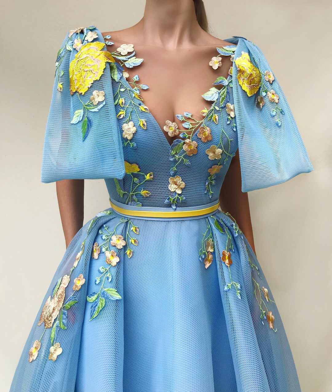 Blue A-Line dress with v-neck and embroidery