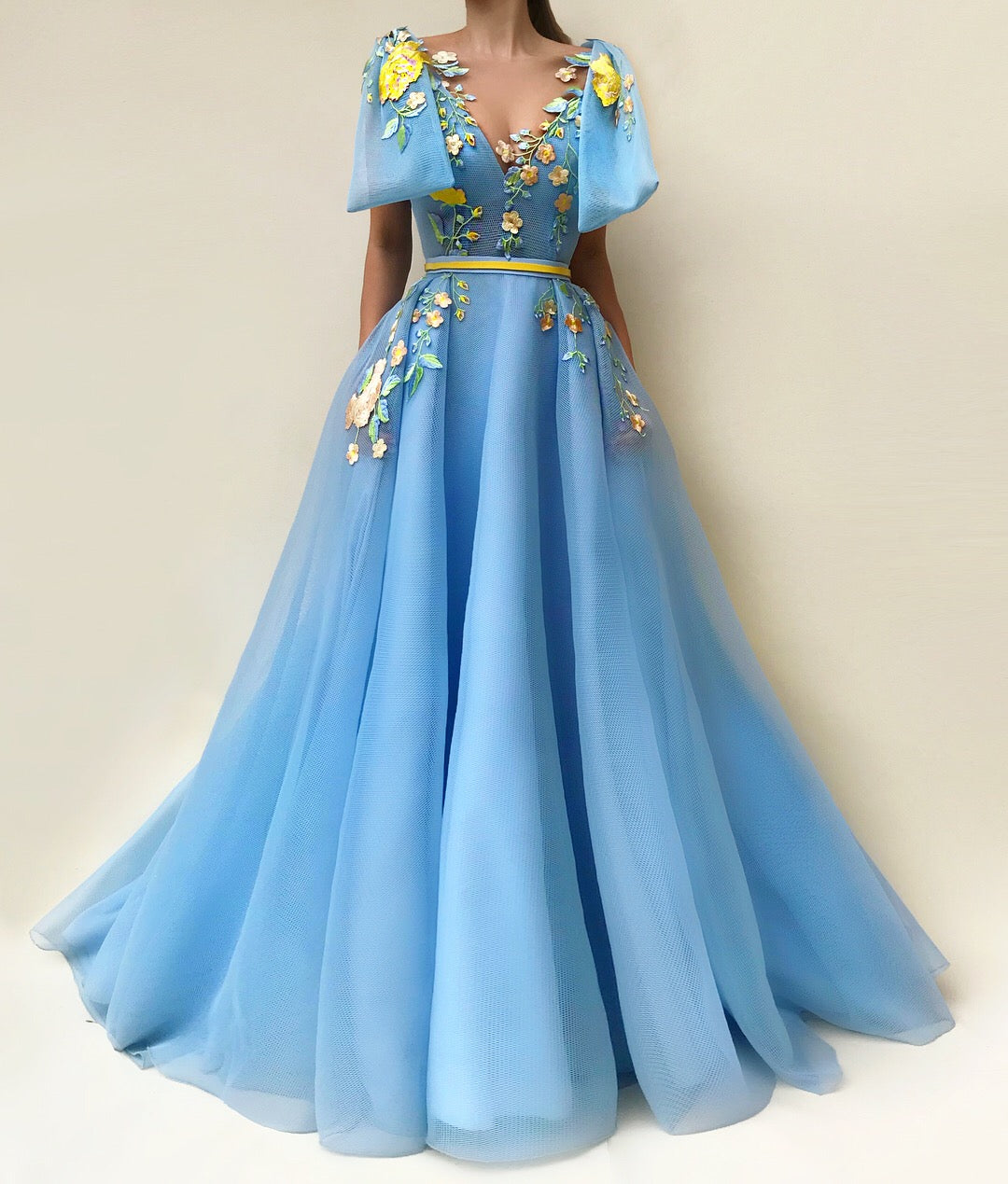 Blue A-Line dress with v-neck and embroidery
