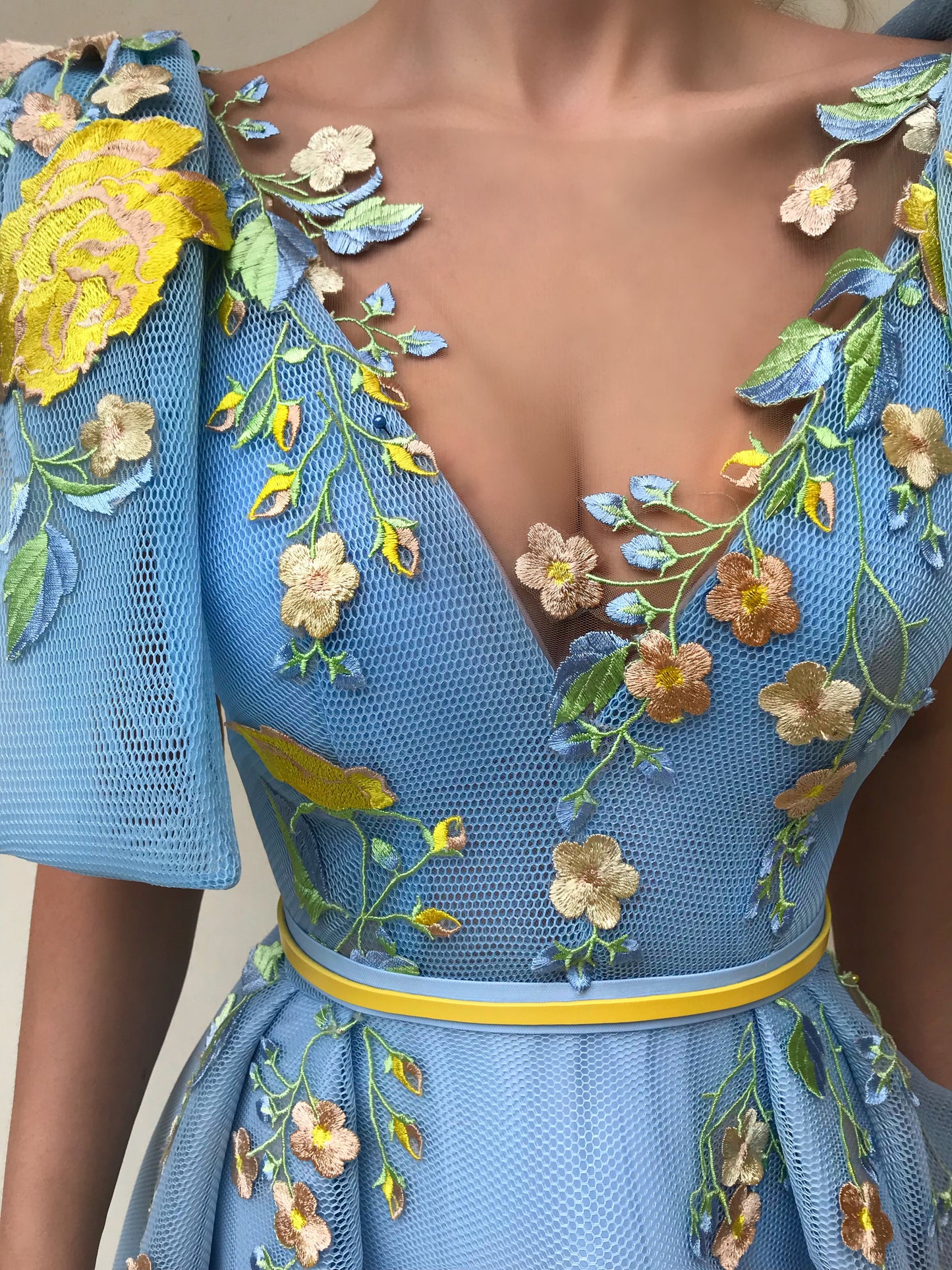 Blue A-Line dress with v-neck and embroidery