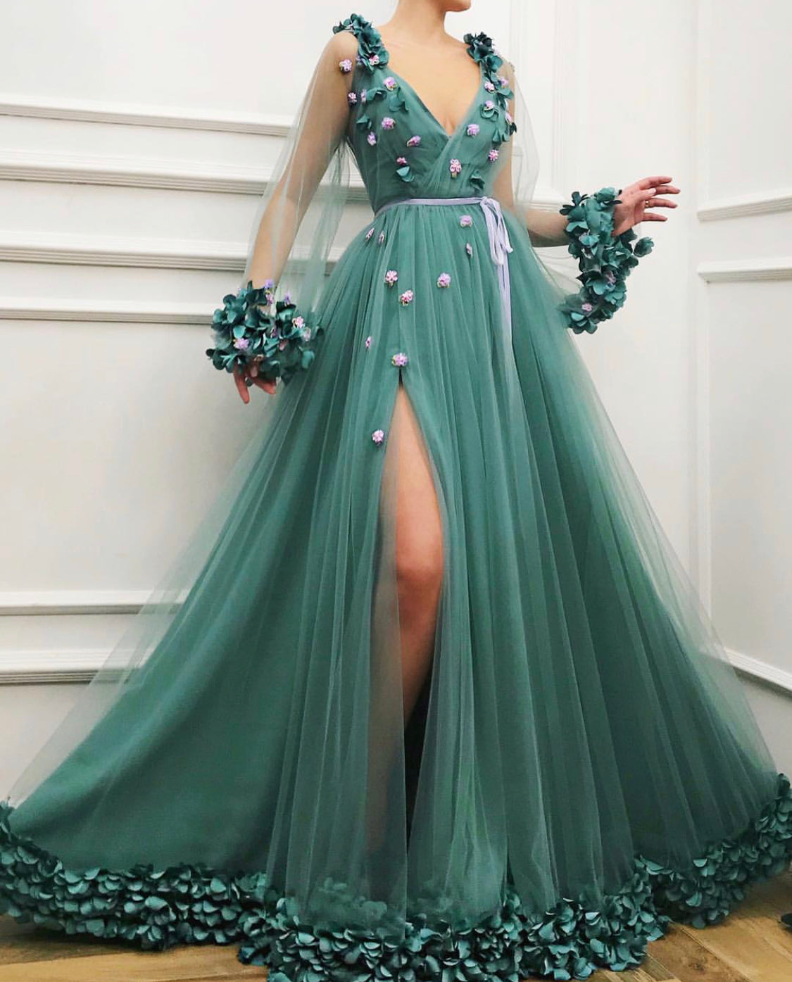 Green A-Line dress with long sleeves, v-neck and embroidery