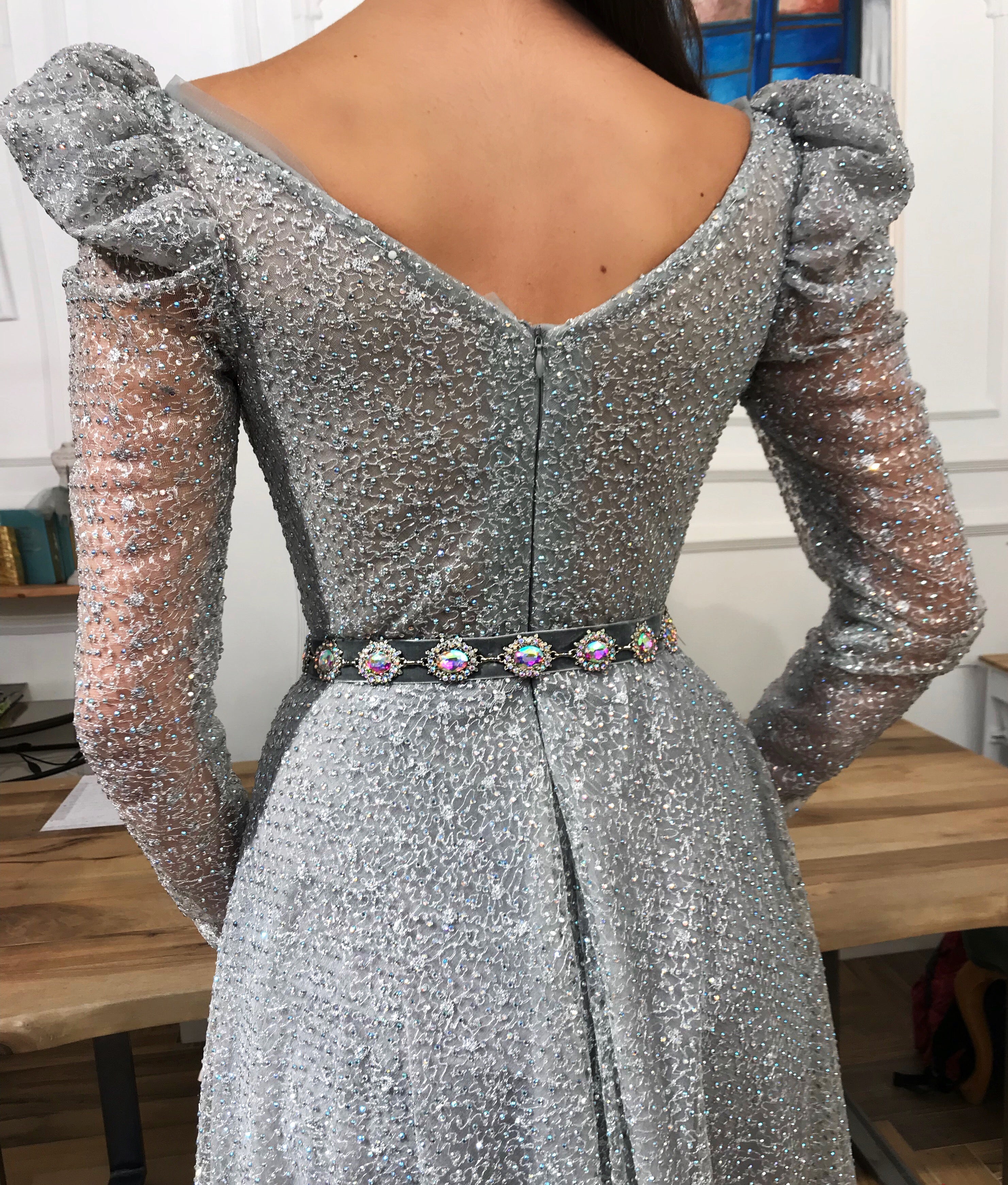 Grey A-Line dress with long sleeves and v-neck