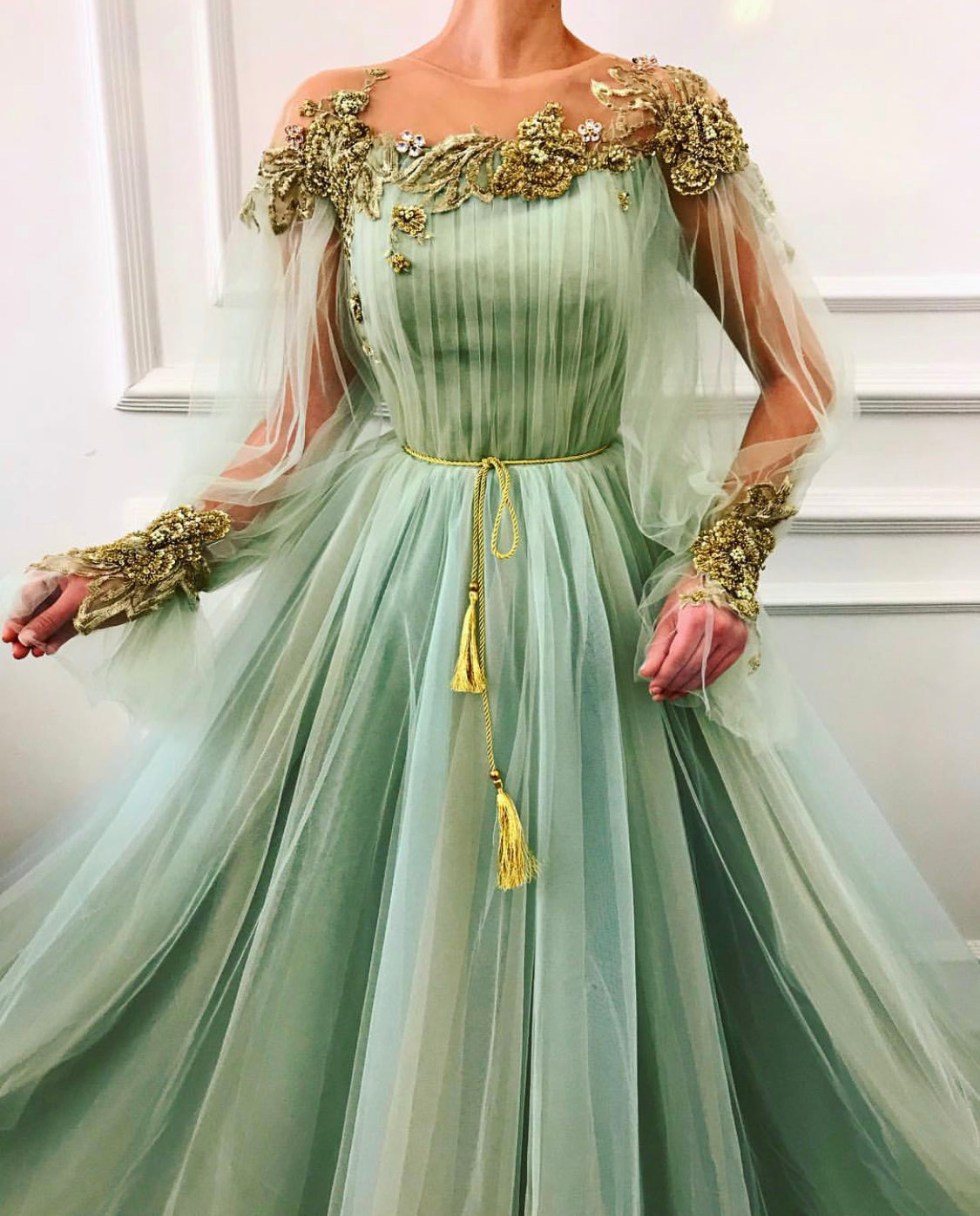 Green A-Line dress with long sleeves and embroidery