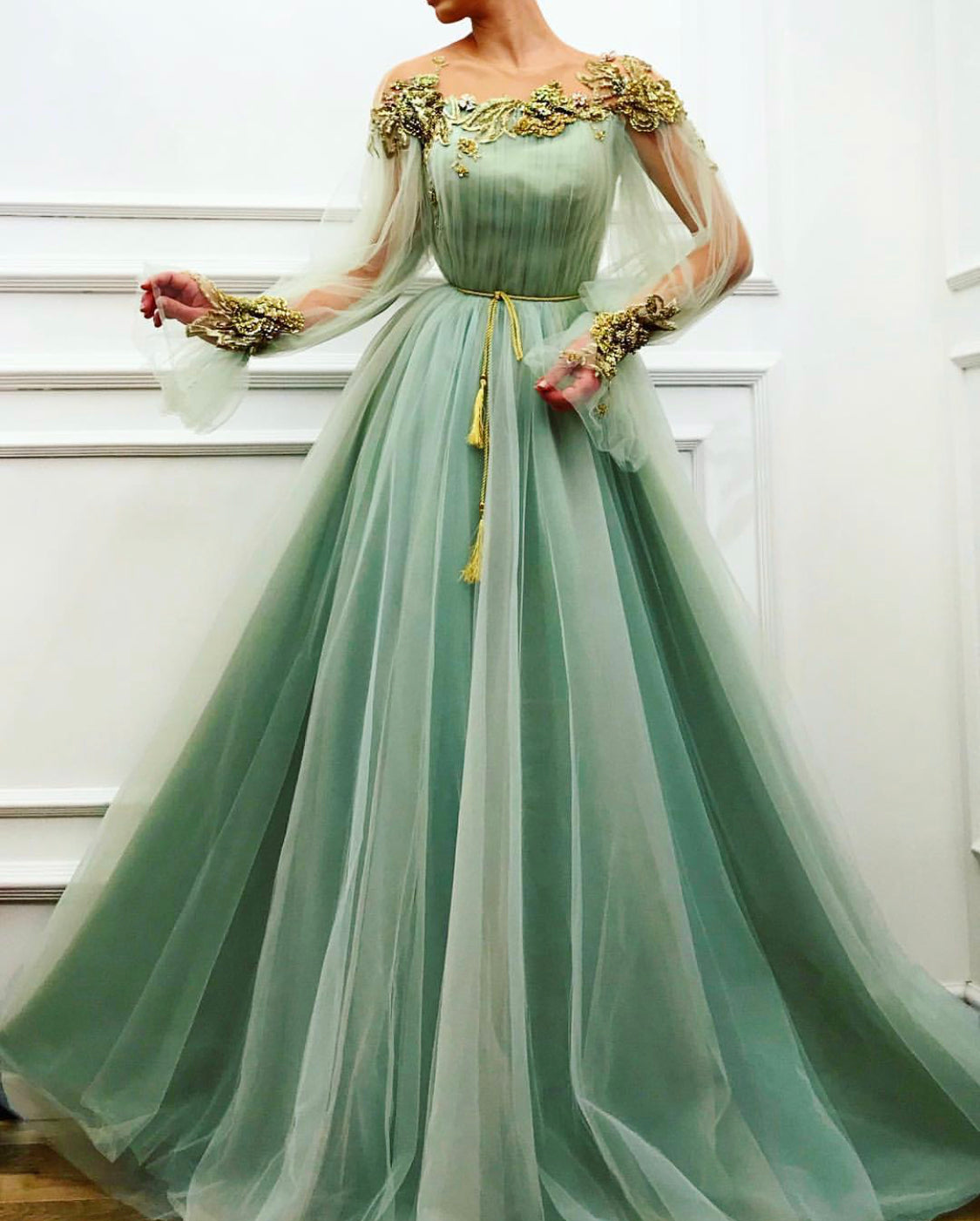 Green A-Line dress with long sleeves and embroidery