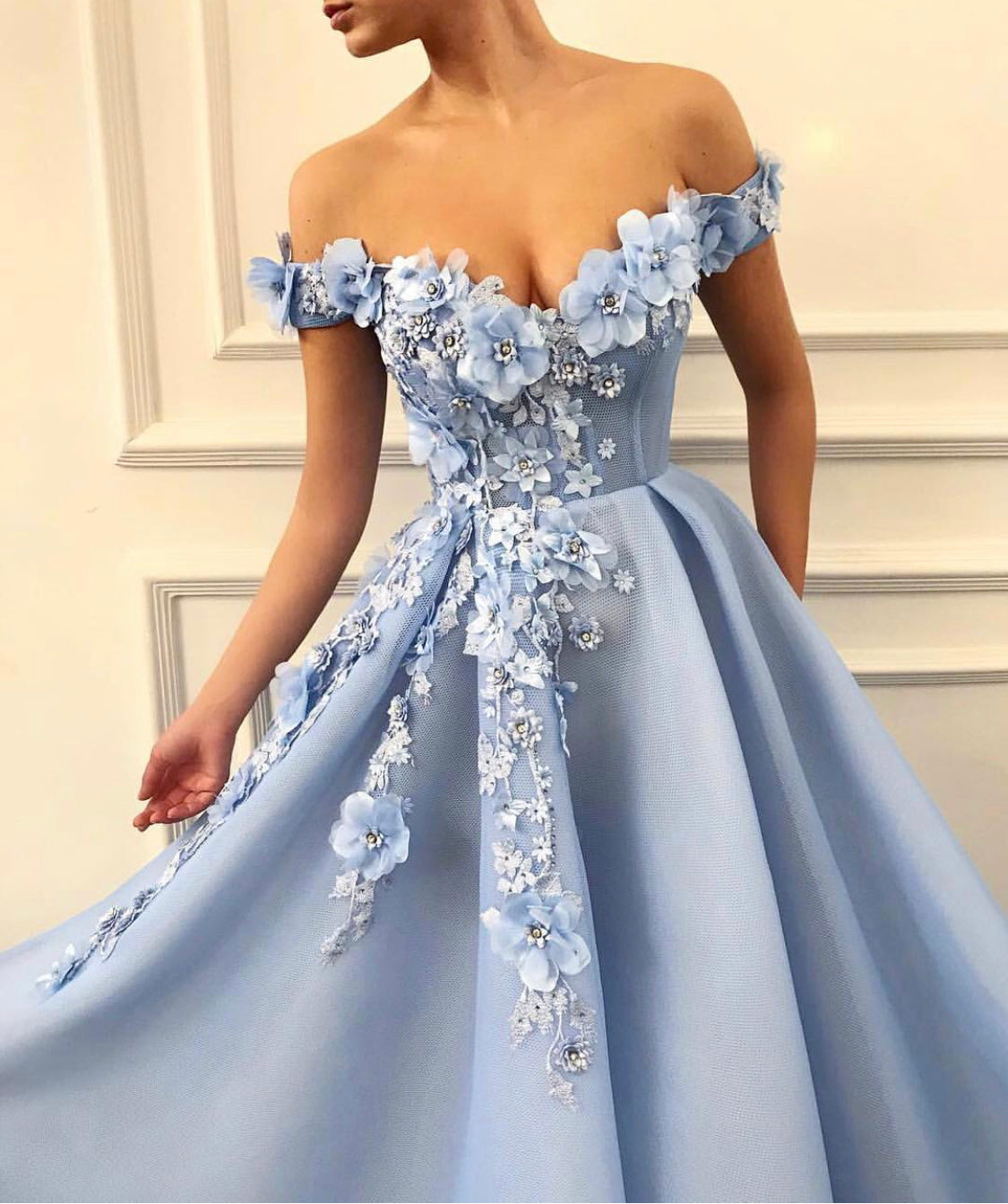Blue A-Line dress with off the shoulder sleeves and embroidered flowers