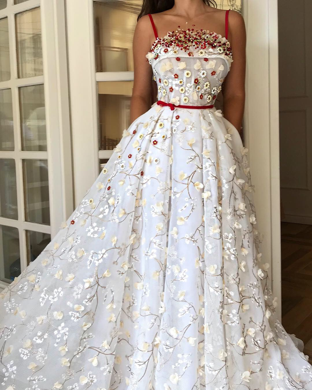 White A-Line dress with spaghetti straps and embroidery