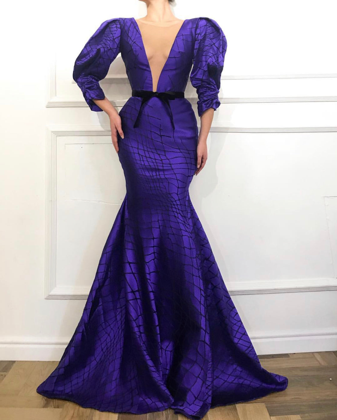 Purple mermaid dress with v-neck and long sleeves