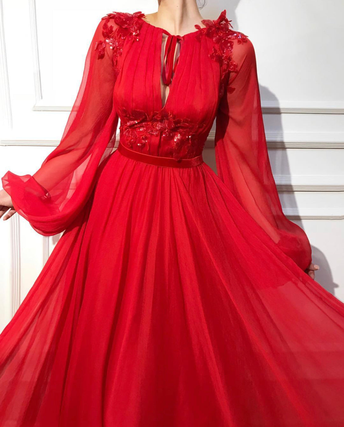 Red A-Line dress with long sleeves and embroidery