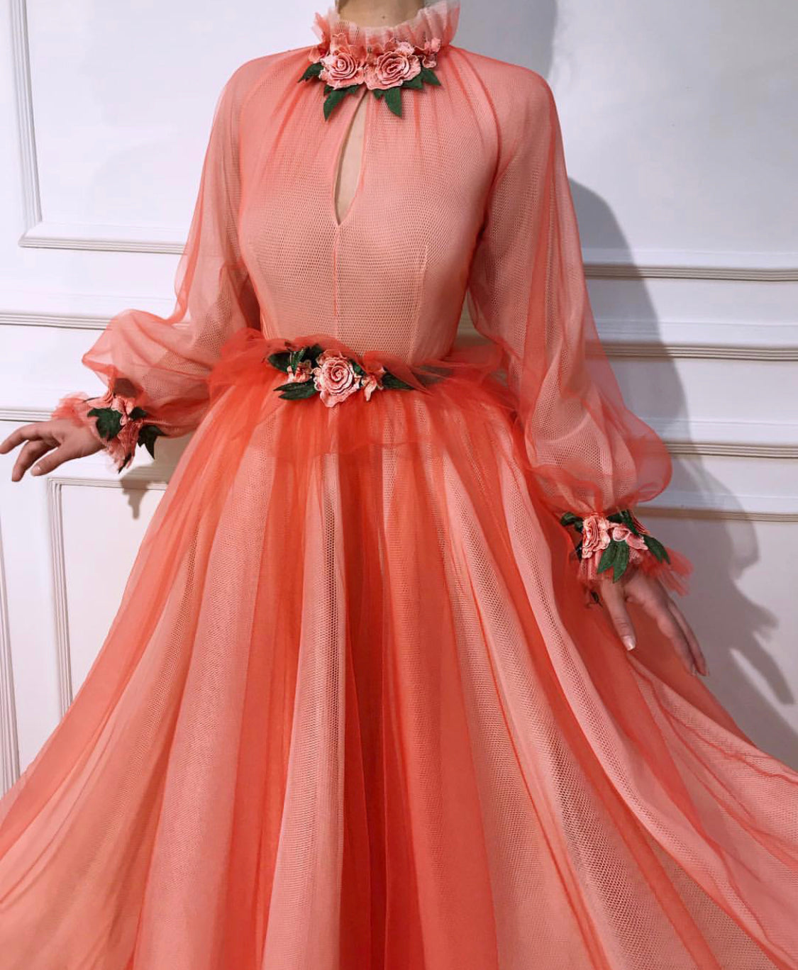 Orange A-Line dress with long sleeves and embroidery