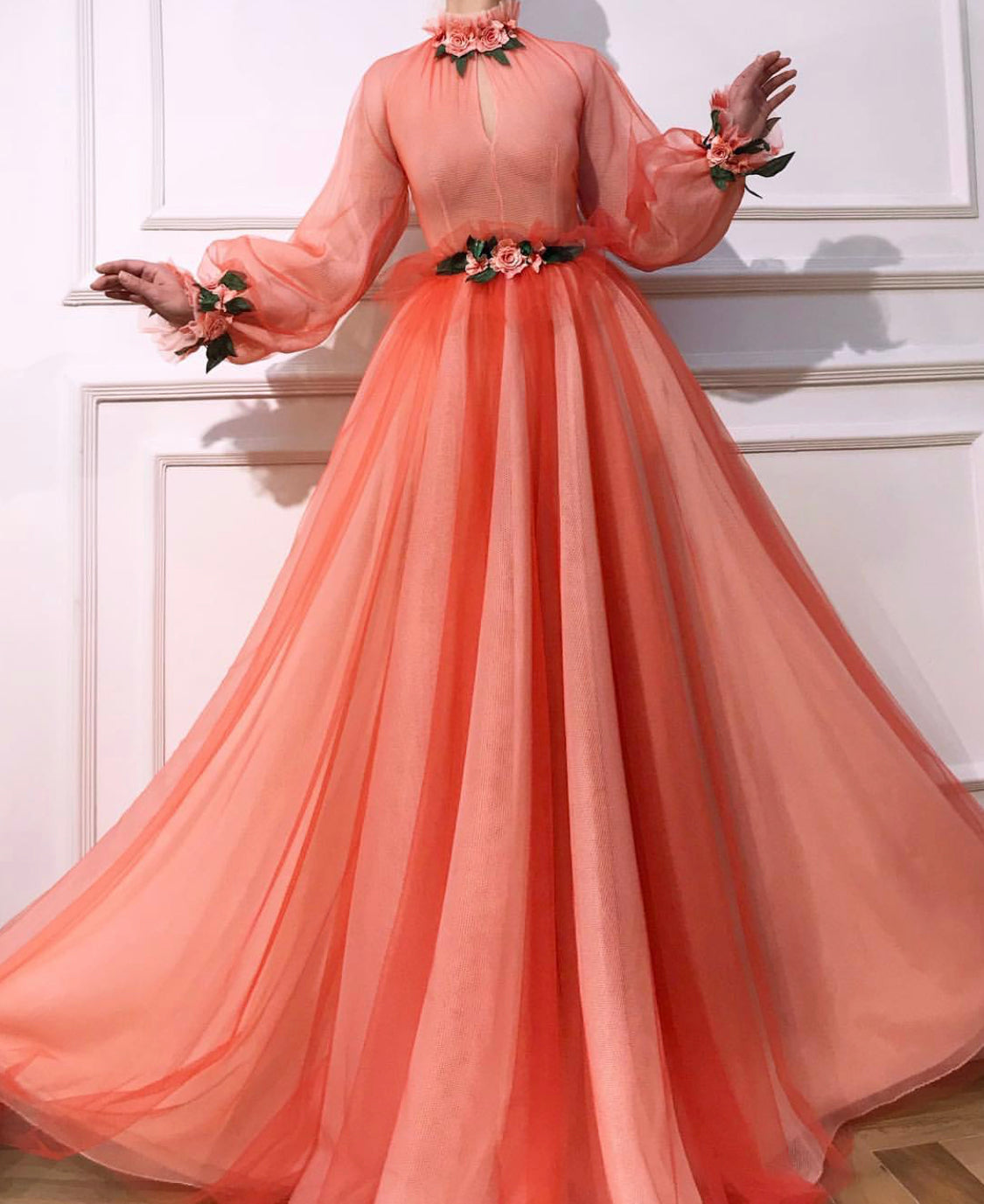 Orange A-Line dress with long sleeves and embroidery