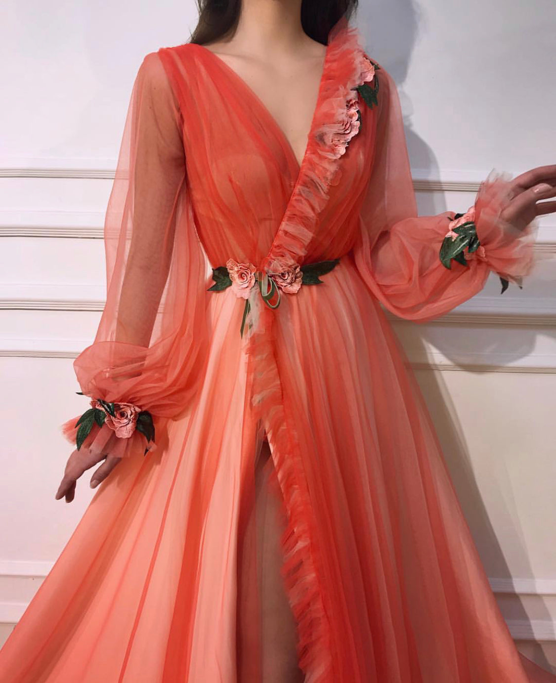 Orange A-Line dress with long sleeves and embroidery