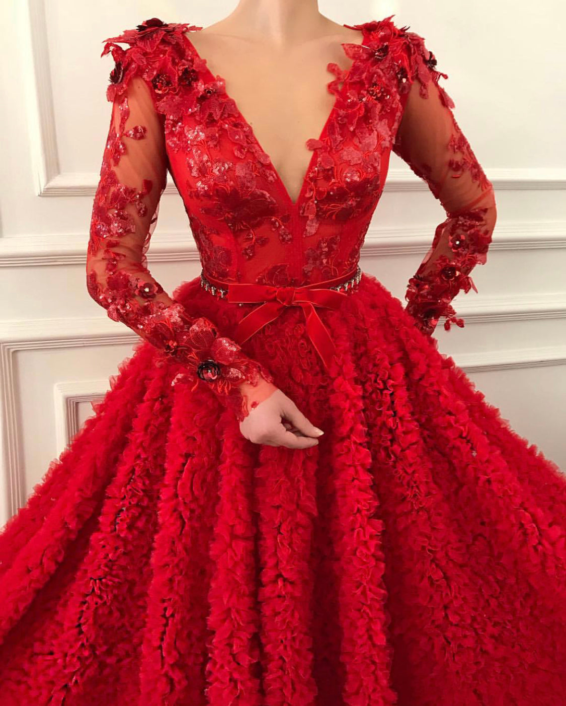 Red A-Line dress with long sleeves, v-neck and embroidery