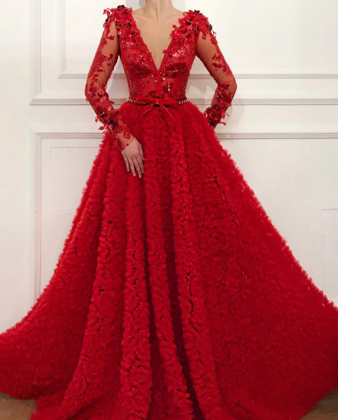 Red A-Line dress with long sleeves, v-neck and embroidery