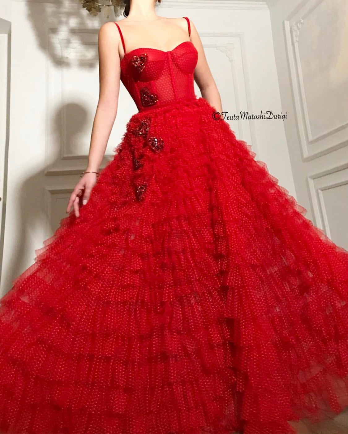 Red A-Line dress with spaghetti straps and embroidered hearts