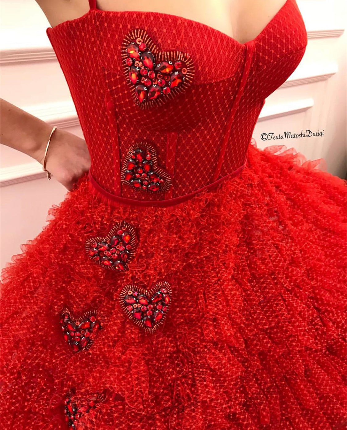 Red A-Line dress with spaghetti straps and embroidered hearts