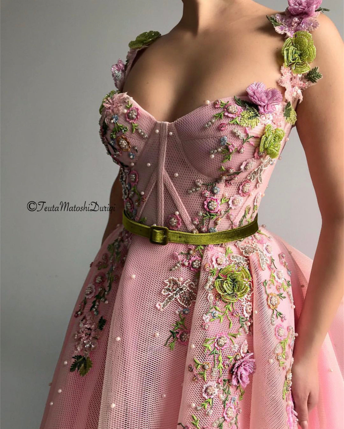 Pink A-Line dress with spaghetti straps and embroidery
