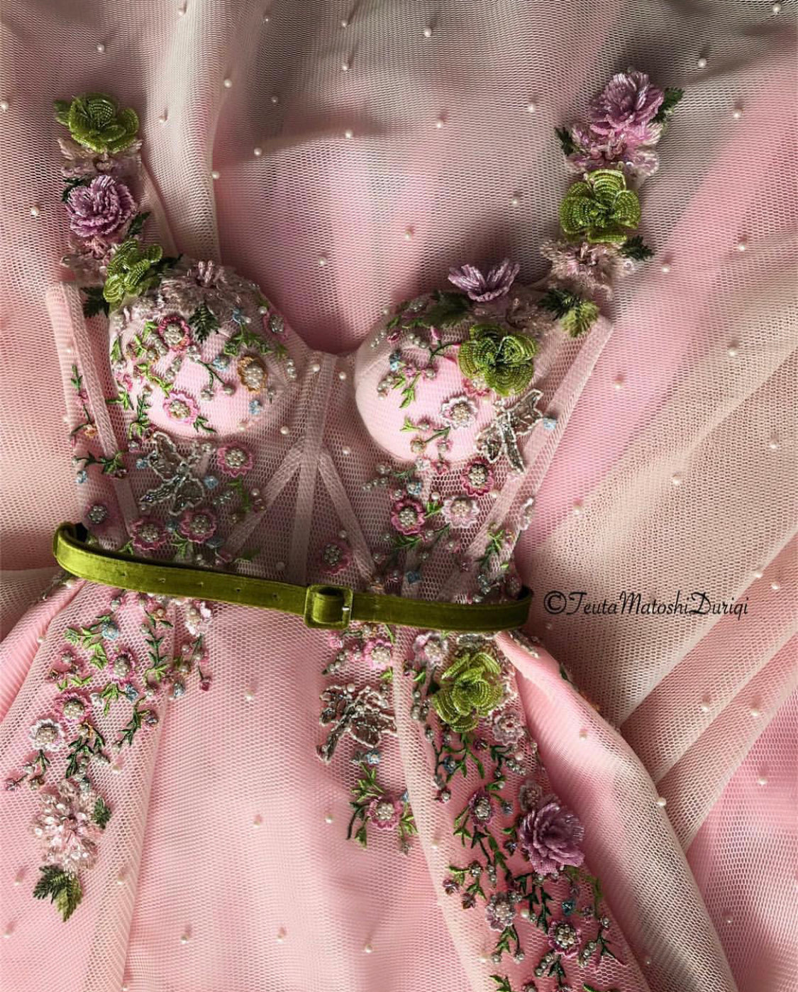 Pink A-Line dress with spaghetti straps and embroidery