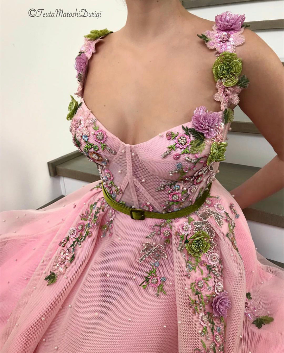 Pink A-Line dress with spaghetti straps and embroidery