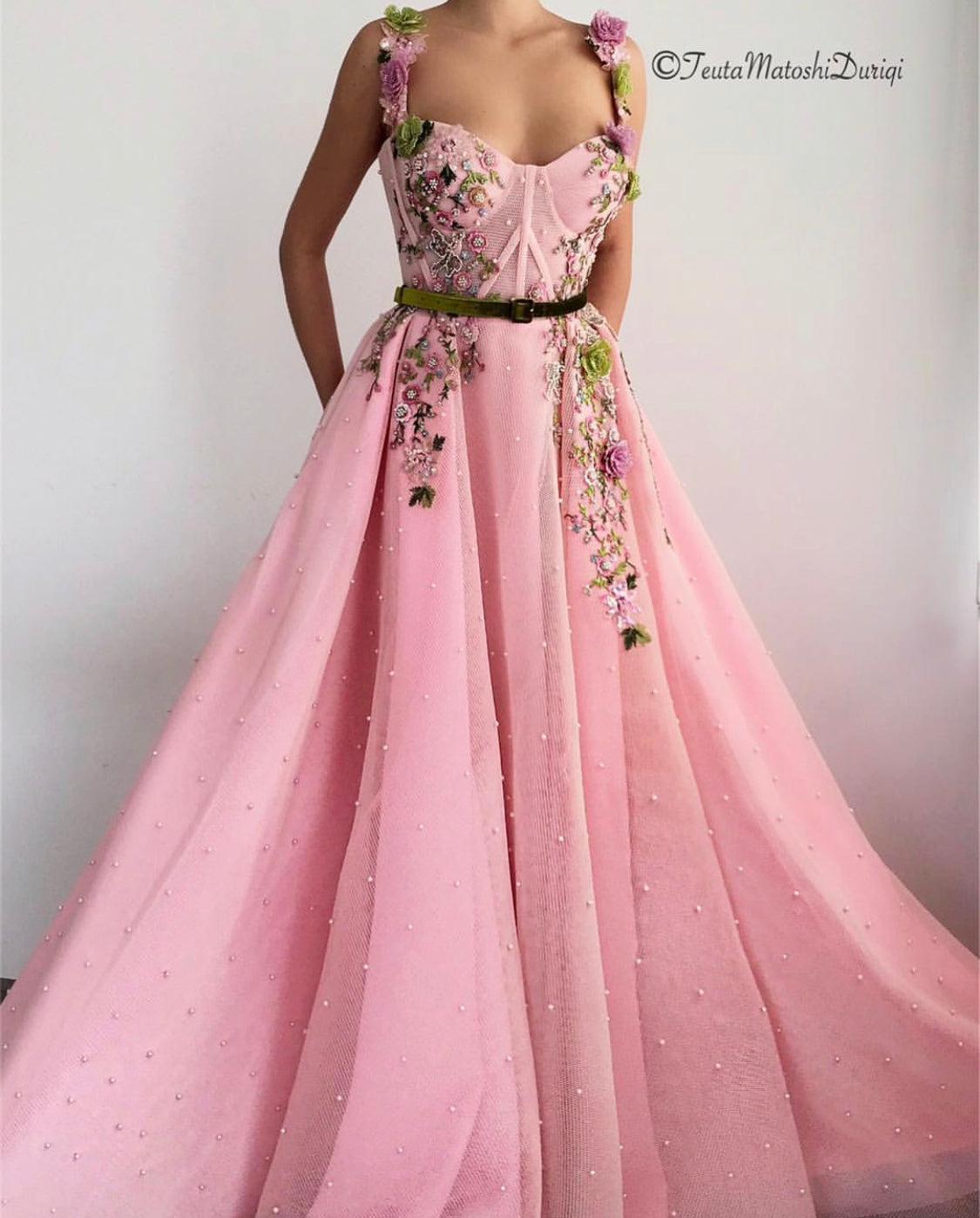 Pink A-Line dress with spaghetti straps and embroidery