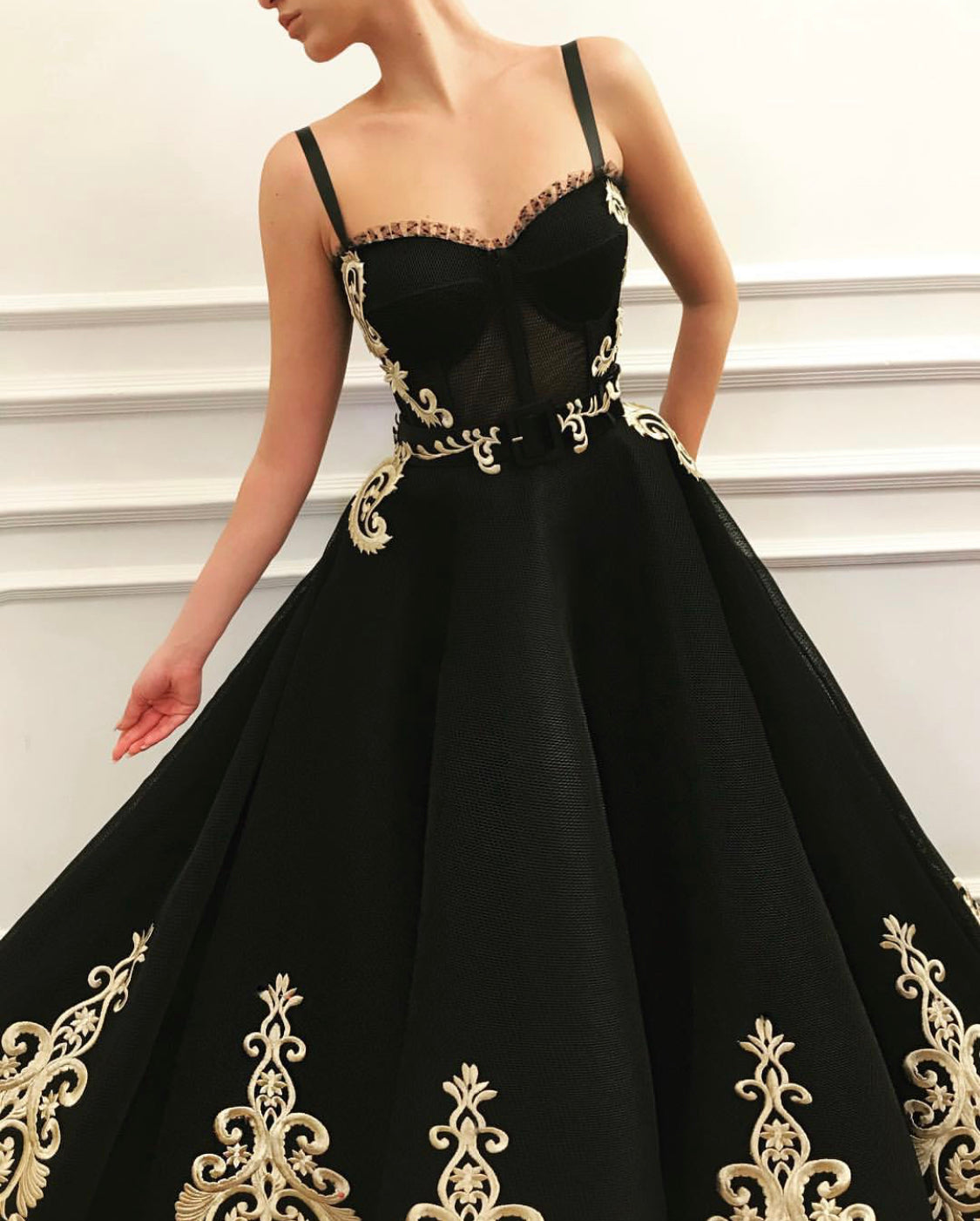Black A-Line dress with spaghetti straps and embroidery