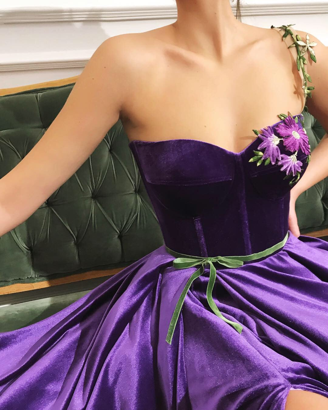 Purple A-Line dress with one spaghetti strap and embroidery