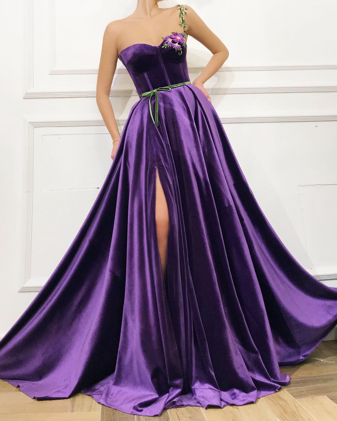 Purple A-Line dress with one spaghetti strap and embroidery