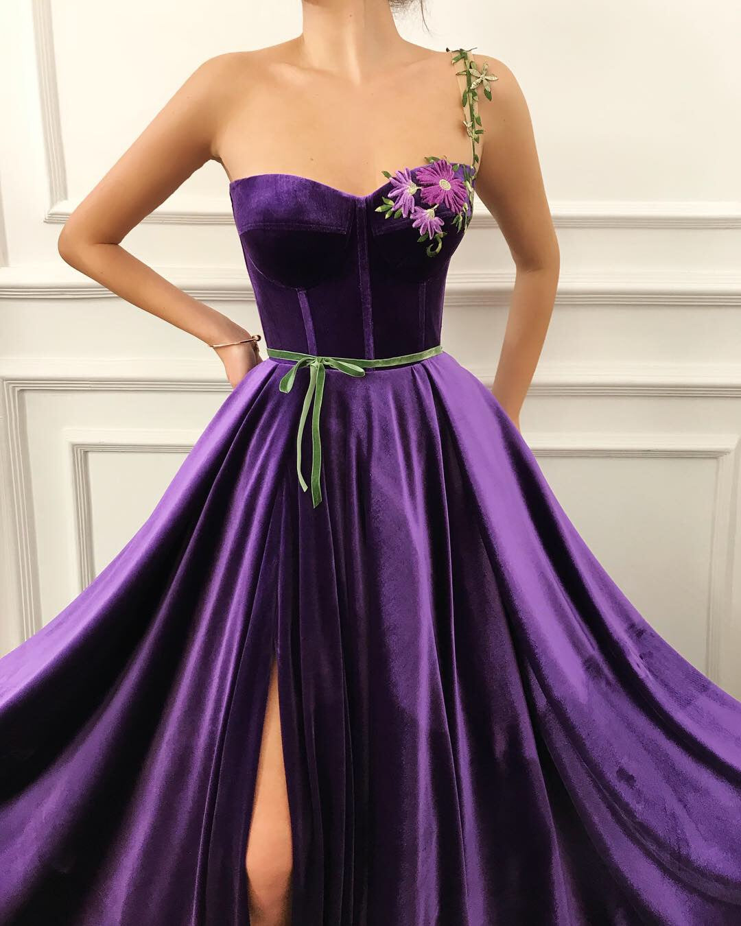Purple A-Line dress with one spaghetti strap and embroidery