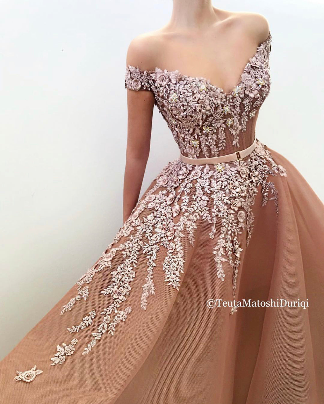 Pink A-Line dress with belt, off the shoulder sleeves and embroidery