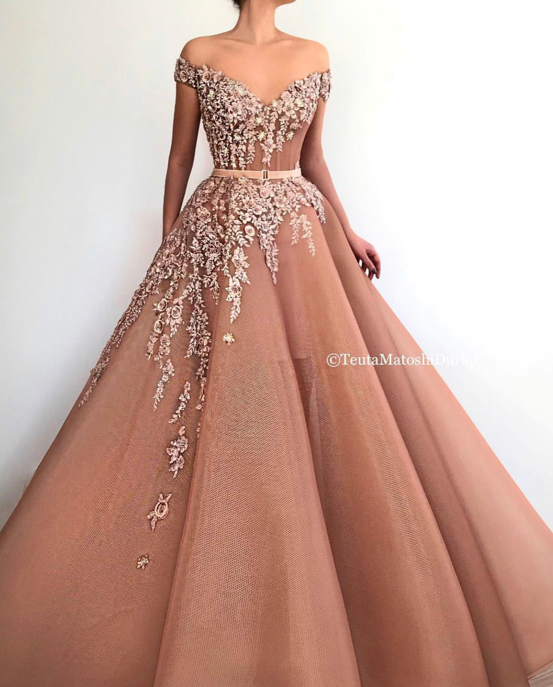 Pink A-Line dress with belt, off the shoulder sleeves and embroidery