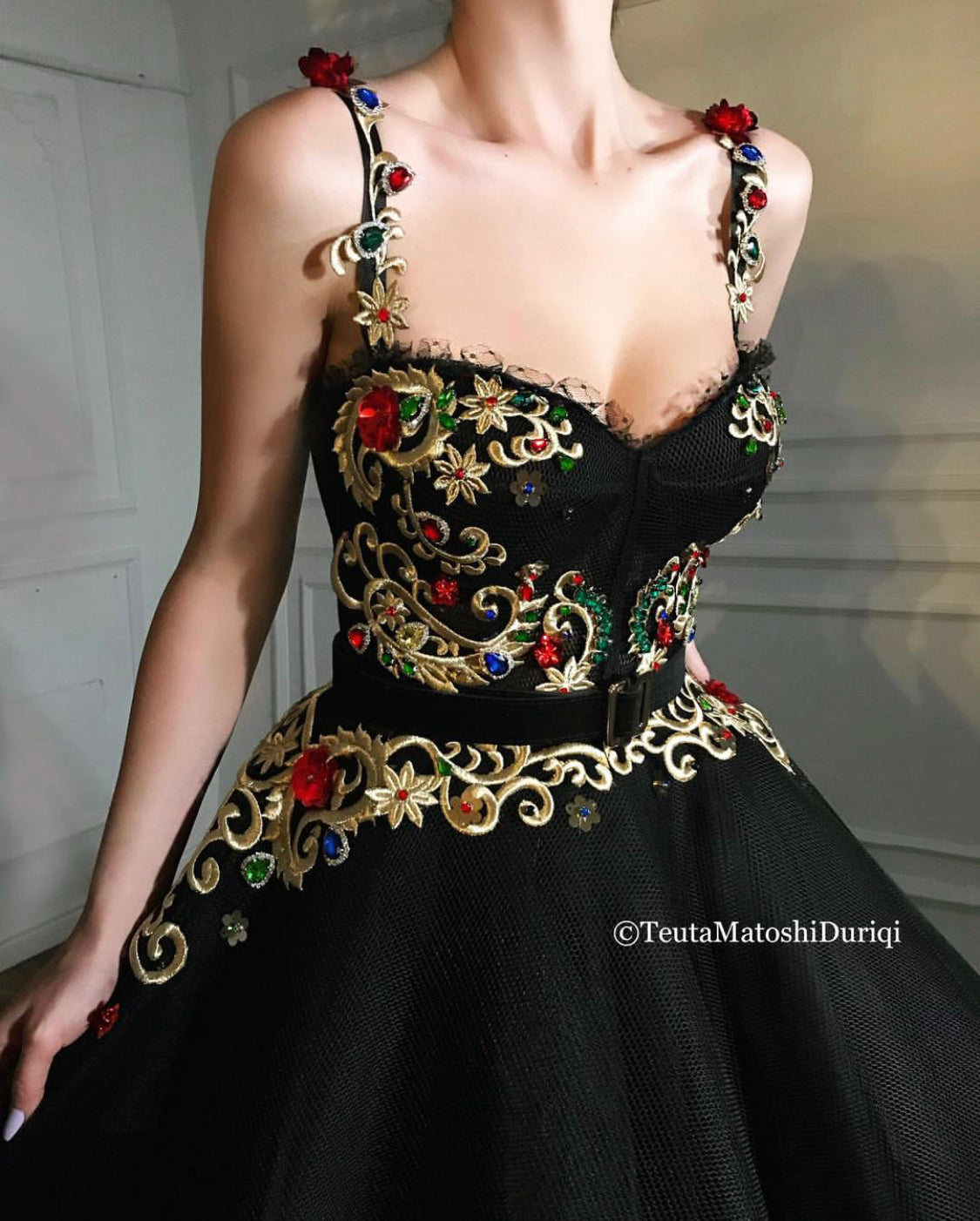 Black A-Line dress with spaghetti straps and embroidery