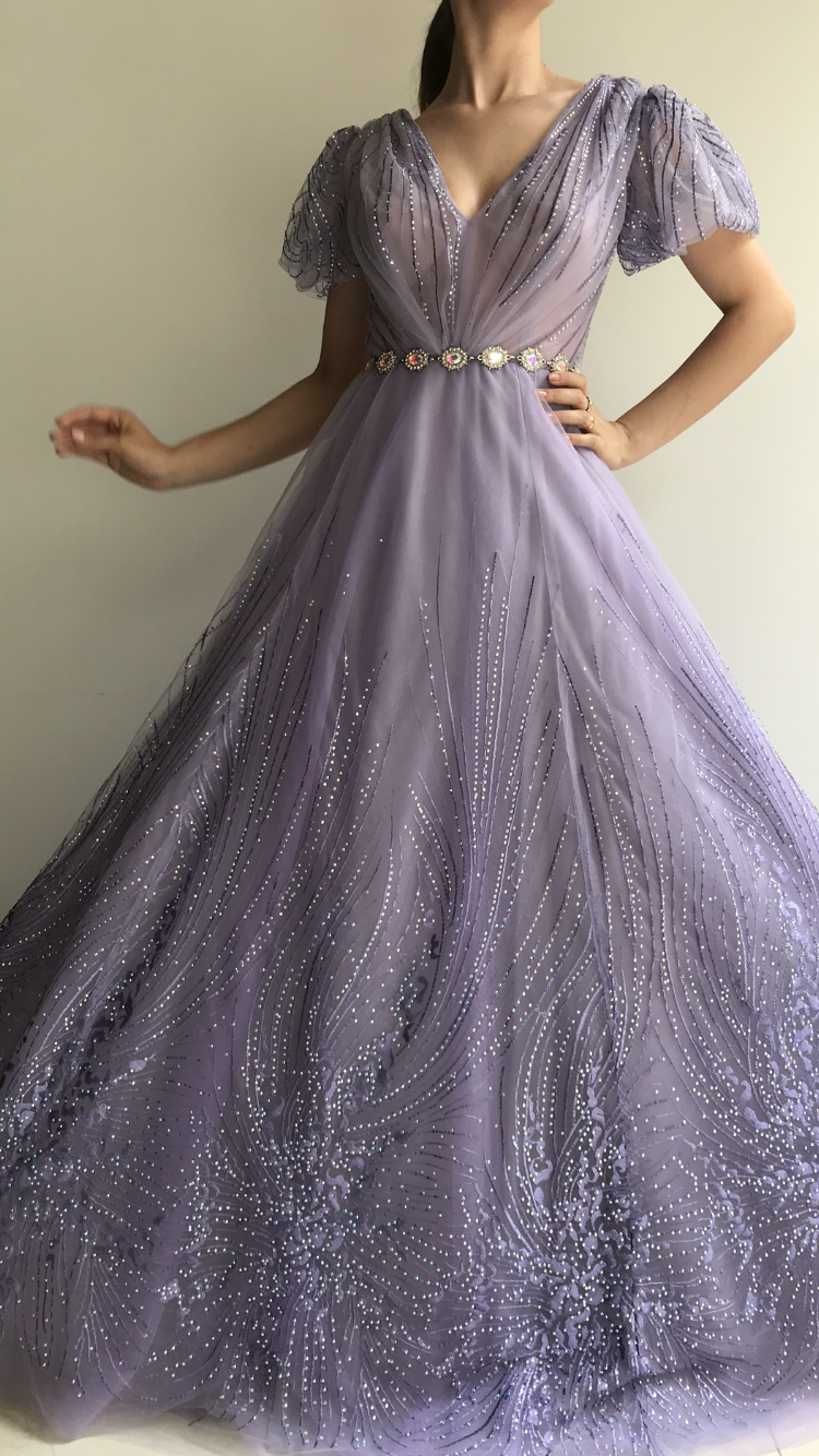 Purple A-Line dress with v-neck, short sleeves and embroidery