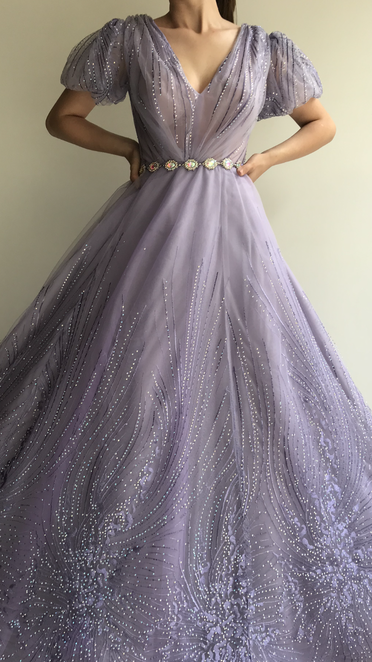 Purple A-Line dress with v-neck, short sleeves and embroidery