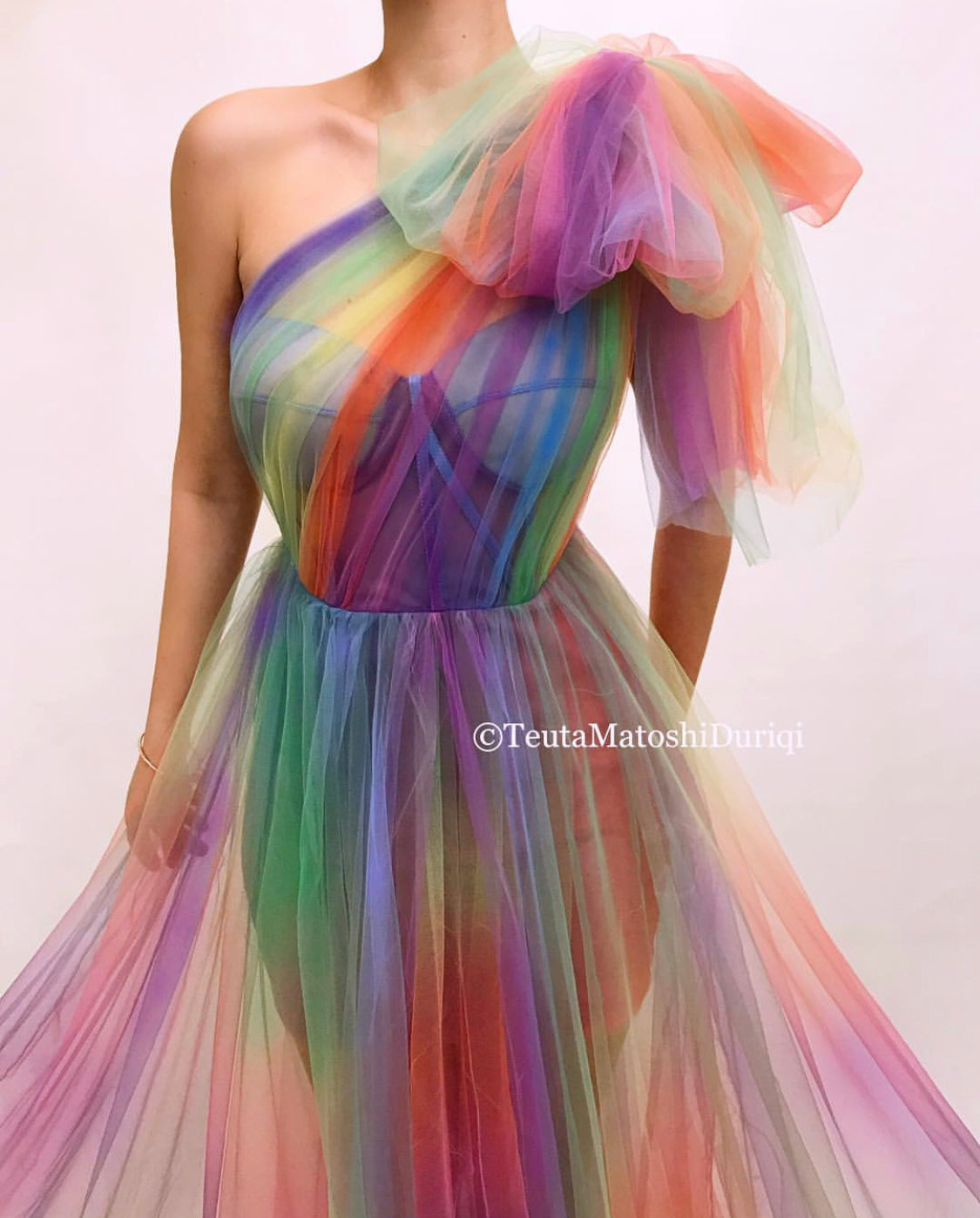 Colorful A-Line dress with one shoulder sleeve