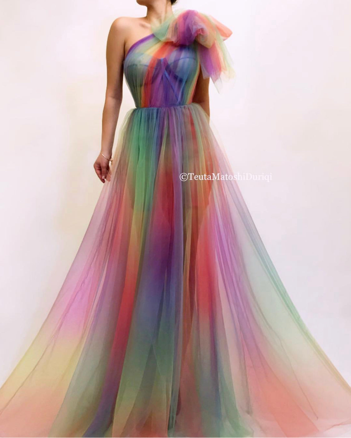Colorful A-Line dress with one shoulder sleeve