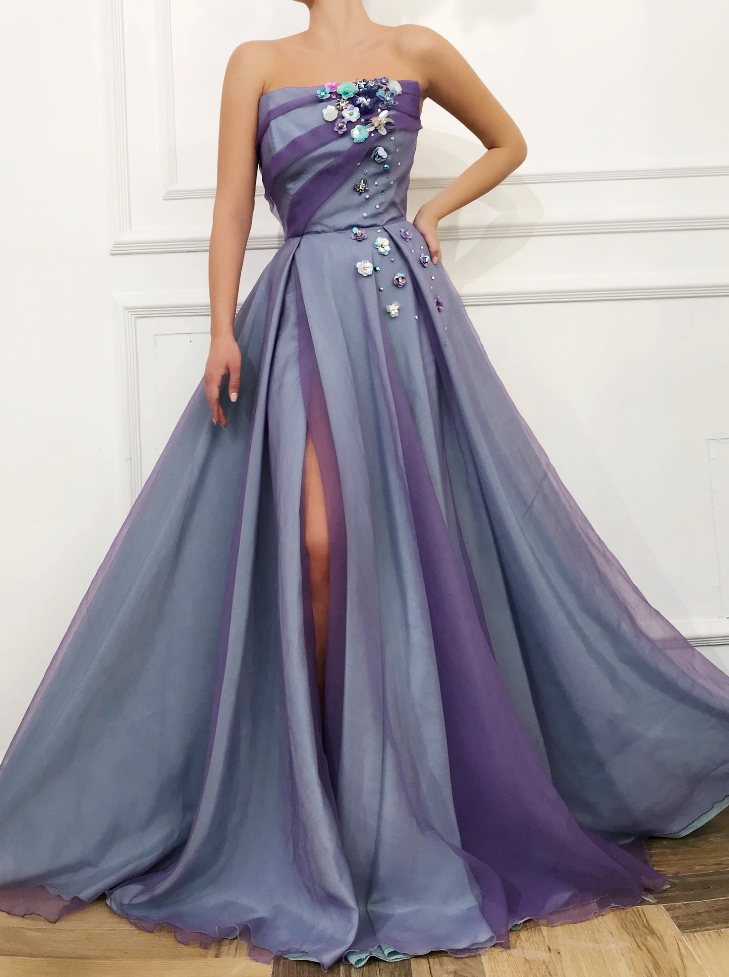 Purple A-Line dress with one off the shoulder sleeve and embroidery