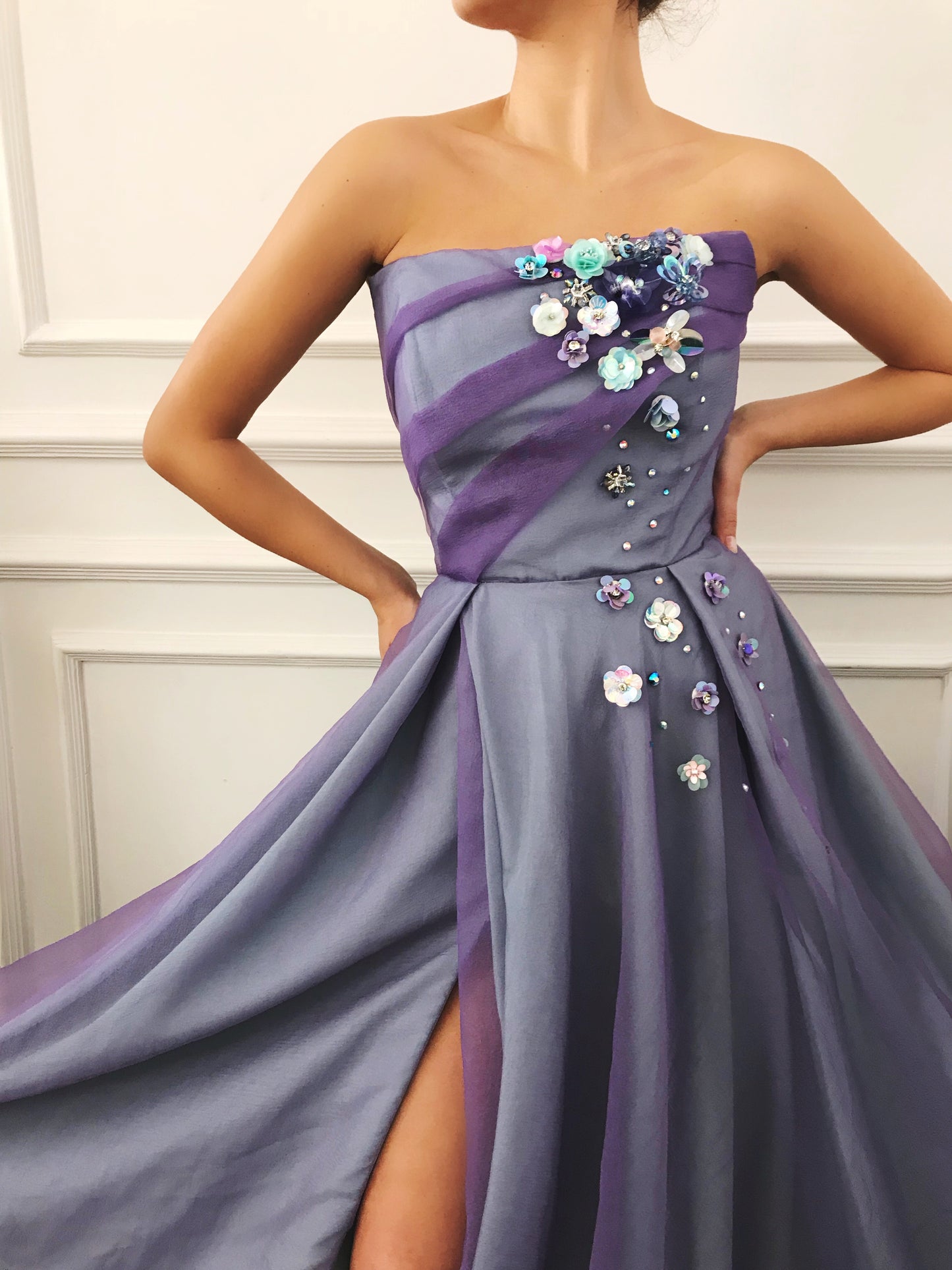 Purple A-Line dress with one off the shoulder sleeve and embroidery