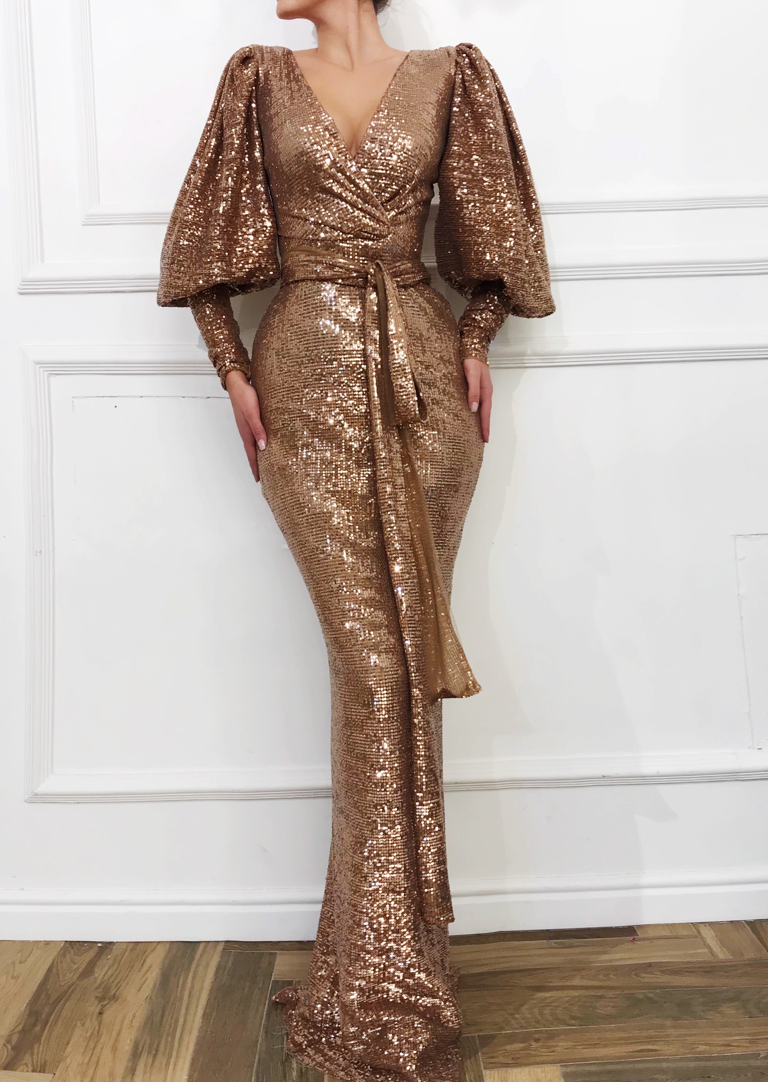 Brown mermaid dress with long sleeves and sequins