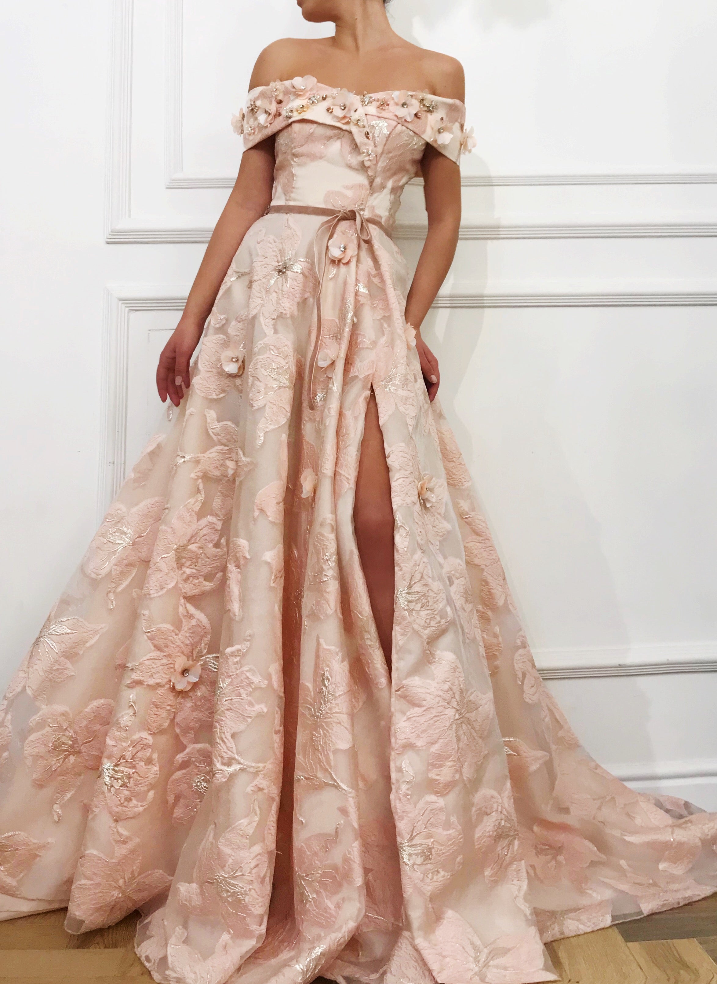Pink A-Line dress with off the shoulder sleeves and embroidery
